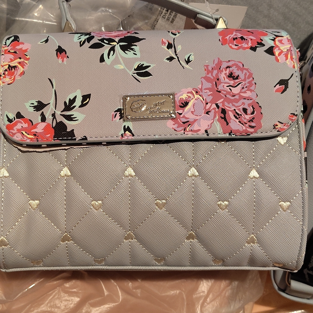 Betsey Johnson Floral Quilted Shoulder Bag in Pink and Gray